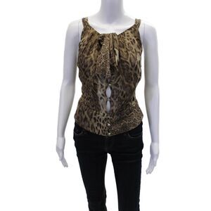 Tuleh Womens Silk Leopard Print Tie Back Sleeveless Blouse Top Brown Size 10